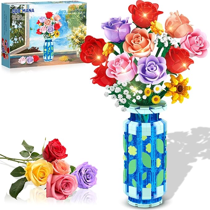 Roses Flowers Building Set with Vase &amp LED Light Easter/Birthday Day Gift for Her/Him 16 Mini Flowers Bouquet Building Blocks Toy Artificial Flowers for Home Office Decor &amp Display