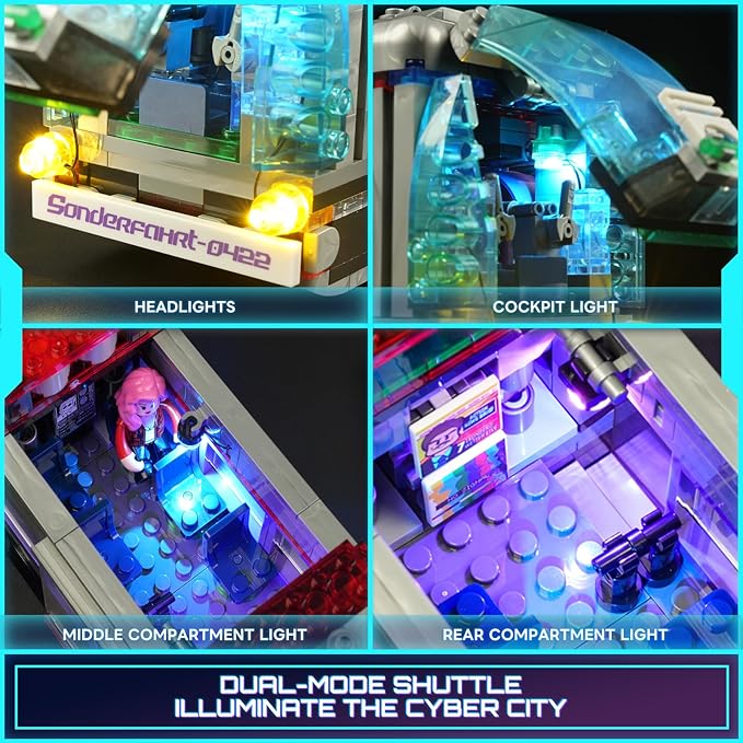 Cyberpunk Future-Bus Lighting-Building-Bricks Set - Cyberpunk City Future Vehicle Collection LED Light 2in1 Car Model Display Set 605 Pcs for Adults and Sci-fi Lovers
