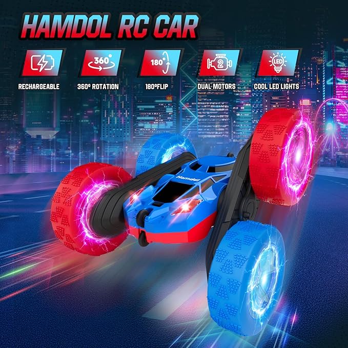 Remote Control RC Car for Kids 6-12 High-Speed 4WD Stunt Car with LED Lights &amp 360° Rotation 2.4GHz Off-Road Vehicle Toy with Rechargeable Battery Cool Valentines and Birthday Gift for Boys