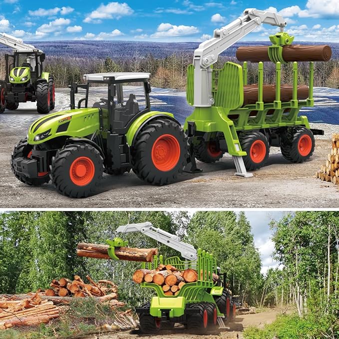 Remote Control Tractor Farm Playset 2.4Ghz Electronic RC Tractor with Trailer and Timber Truck Farm Toys Set with Wood Grabber Multifunctional headers Farmers for Kids Age 3 4 5 6 Years Old