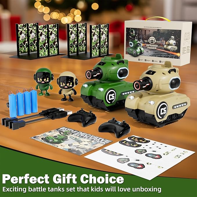 2 Pack Cute Cartoon Remote Control Battle Tanks with Laser tag|Hobby RC Cars Shoot to Ejected Out|Military Army Toys for 6 7 8 Year Old Boys Girls | Christmas Birthday Easter Gifts for 8-12
