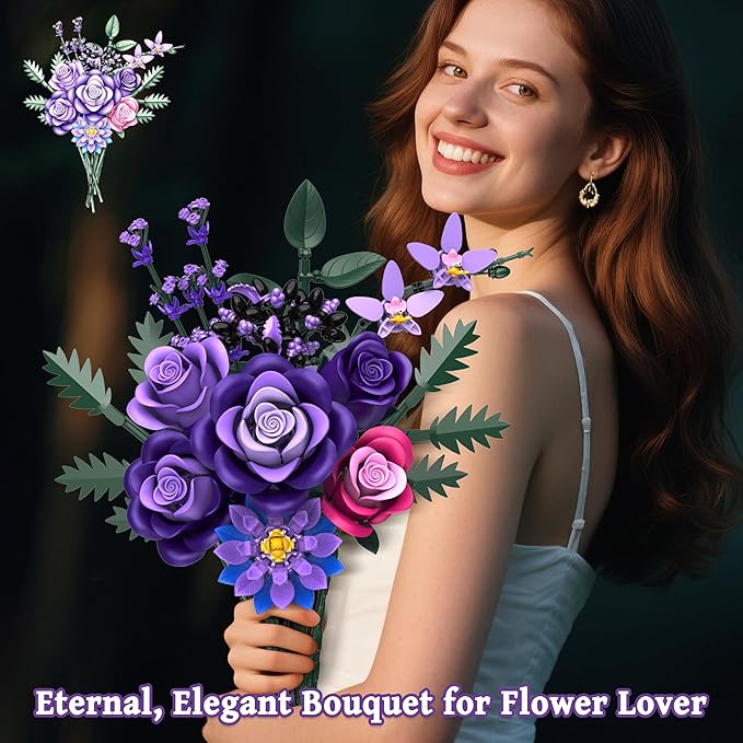 Purple Roses Flower Bouquet Building Sets 834PCS Artificial Flowers Botanical Collection Compatible with Lego Flowers for Adults Gothic Decor Valentines Day Gifts for Her Women Wife Girlfriend Mom