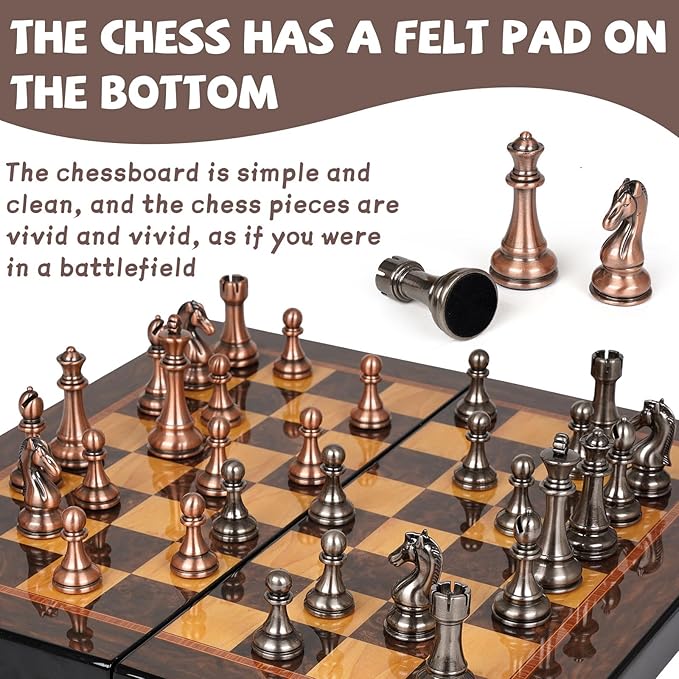 Luxury Metal Chess Set with 15 Inch Wooden Chess Board | Weighted Metal Chess Pieces | 2 Extra Queens | Professional &amp Tournament Style Chess Set for Adults | Elegant Game Room &amp Office Decor