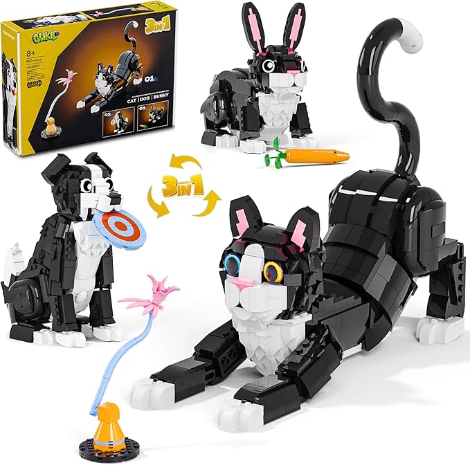 3 in 1 Animal Tuxedo Cat Building Set - Animal Figurines with 3 Building Options into Cat Dog or Rabbit - Learning Toy Birthday Gift for Kids Girls &amp Boys Ages 6+