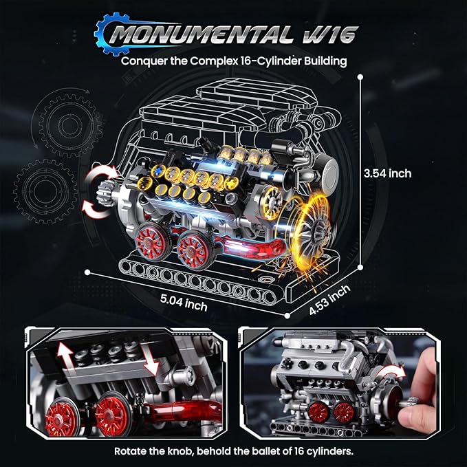 JMBricklayer 3-in-1 Mini Engine Model Car Kits that Runs V8 V12 W16 Engine Kits for Adults &amp Teens Physical Science Experiment STEM Toy Collectible Engineering Gifts for Car Lovers 840PCS