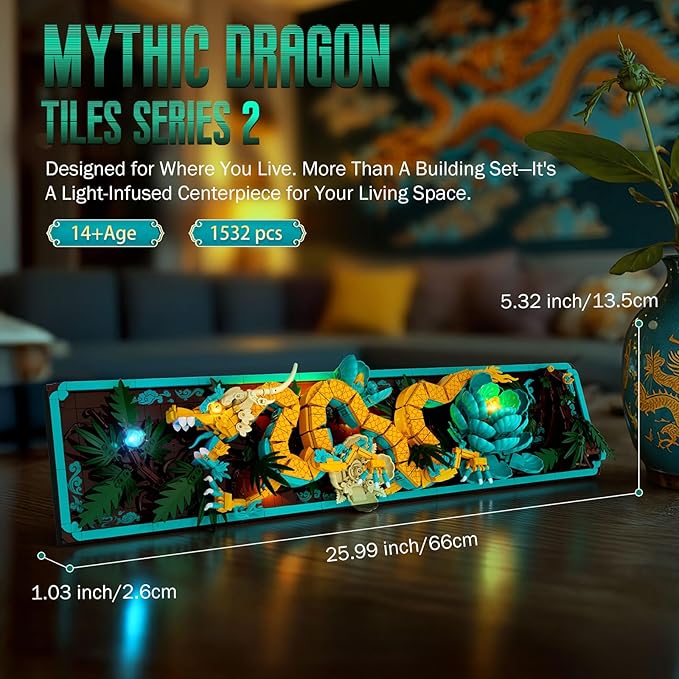 Mythic Dragon Tiles Building Blocks Set with LED Lights Divine Loong 3D Wall Art Building Toys 170020 with Flowers 1532 Pcs Dragon Relief DIY Model Kit for Adult Creative Gifts &amp Decor