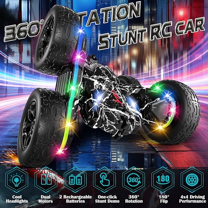 Rc Cars Toys for Boys Remote Control Car 2.4 GHz Black Toys for Ages 5-7 Kids Toys New Upgraded Strip Lights 360° Rotating Rc Truck Birthday (Black)