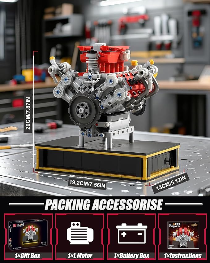 Mini V8 Engine Kits That Runs Build Your Own V8 Engine Building Set with Motor and Battery STEM Physical Science Educational Toy for Adults Kids Age 14+ (1123PCS)