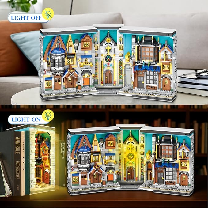 Reobrix Medieval Architecture Book Nook Building Set with Lights European Century Street View Bookshelf Insert Decor Bookshelf Diorama Building Blocks Kit DIY Miniature House Model Kit