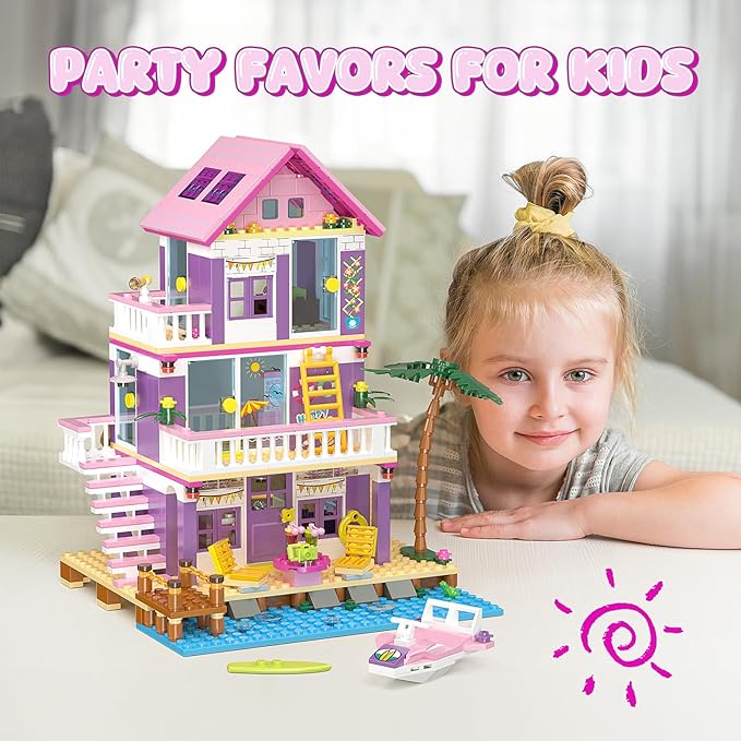 Beach House Building Sets Seaside Villa House Building Toys Compatible with Lego Friends Sets for Girls Age 8-12 Creative Holiday Cottage Building Kit Gift for Christmas Valentine's Day Party