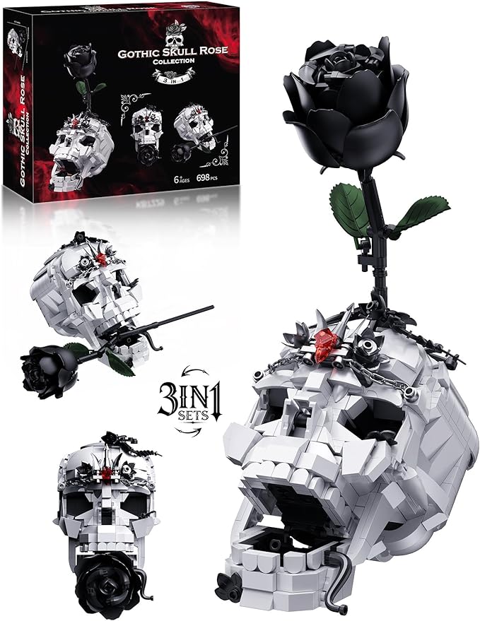Skull Black Rose Flower Building Set 3 in 1 Gothic Horror Decor Botanical Artificial Flowers Collection Toys Ideal Home Office Decoration &amp Christmas Valentine's Day Gifts for Adults Women
