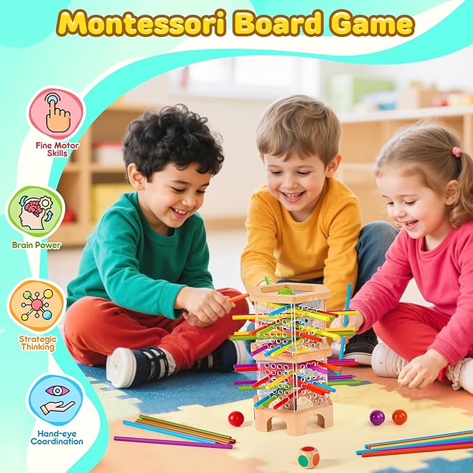 Montessori Wooden Board Game 42 Colorful Sticks Dice Games for Kids 3 4 5 6 Years Math Learning Toys Fine Motor Skills &amp Counting Educational Toy Family Travel Game Birthday Gifts for Boys Girl