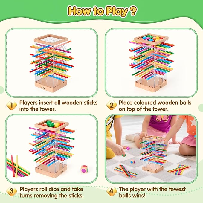 Montessori Wooden Board Games 48 Colorful Sticks Dice Game with 12 Balls Family Game for Kids and Adults Math Educational Toys for 3 4 5 6 Years Old Fine Motor Skills Toy Gifts for Boys and Girls