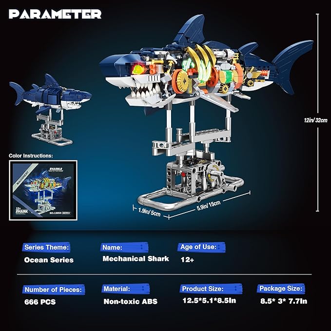 Jorumo Shark Building Block Set for Boy 8-12 Ideas Sea Animal Building Blocks Toys with Lighting and Rotatable Link Components STEM Toys for Kids Adults Crossing Ocean Lovers 666Pcs