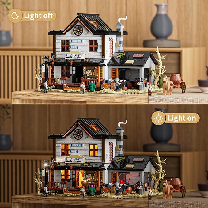 Wild West Blacksmith Lighting Building-Bricks Set - Western Forge House 2042 Pcs Collection Display Set for West Lovers