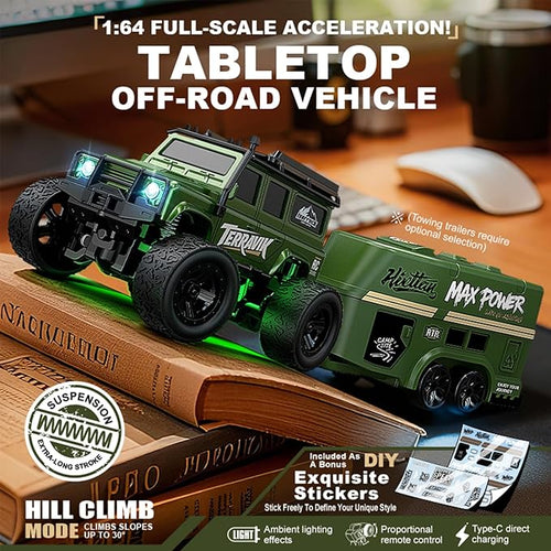 1:64 Scale Mini RC Crawler with Gyro Full Proportional RTR 2.4Ghz Remote Control Truck with RGB Lights (E89-Green)