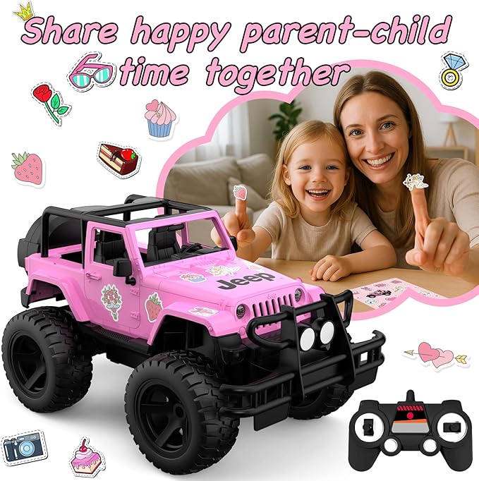 DOUBLE E Jeep Licensed 1:14 Scale Pink Remote Control Car for Girls with 2*DIY Stickers Open-top Design RC Jeep 80Min Play 2.4Ghz Off Road RC Trucks with LED Lights Birthday/Xmas Gifts for Girls 6+
