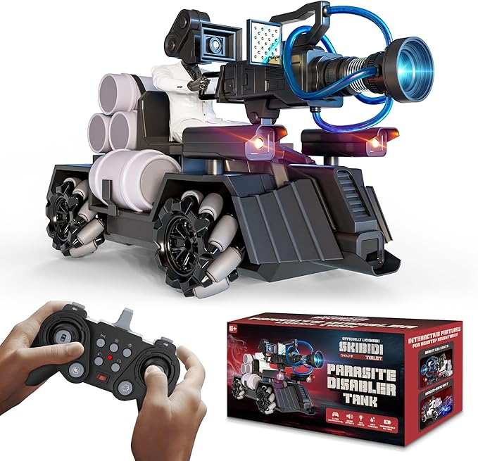 Force1 Officially Licensed Skibidi Toilet Toy Cameraman Figure PDLT Tank RC Truck- Parasite Disabler Tank Remote Control Car Rechargeable RC Car with LED Lights 2.4 GHz Mist Spray Beginner RC Cars