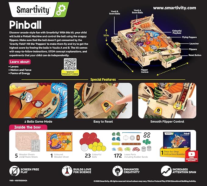 Smartivity DIY Pinball Machine for Kids 8-14 Years Old | Global Award Winning Arcade Game | Build Your Own Pinball I Birthday Gift for Smart Kids | STEM Toy for Boys &amp Girls