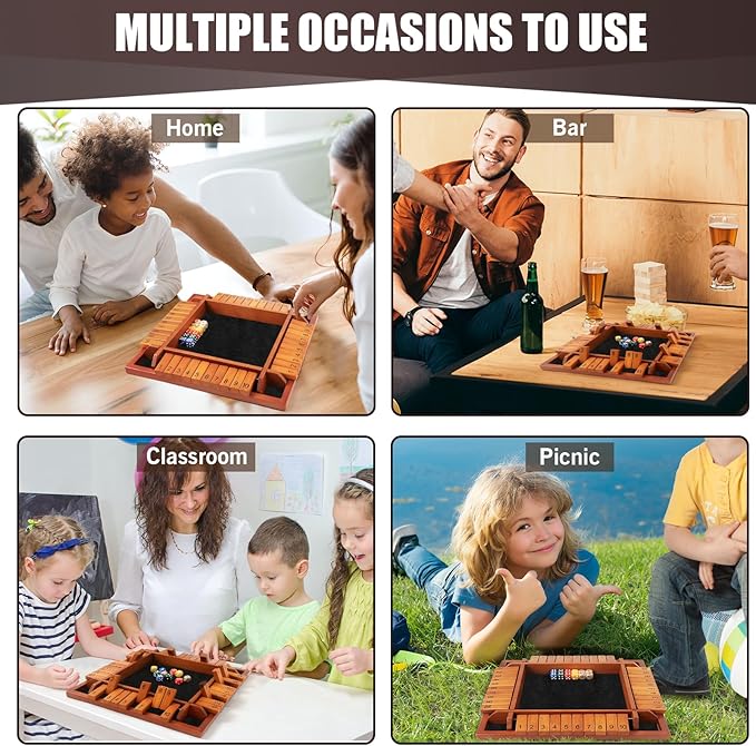 4 Players Shut The Box Dice Games Wooden Board Table Math Game with 12 Dice and Instructions Classics Close The Box Board Game for Adults Kids Family Classroom Home or Bar