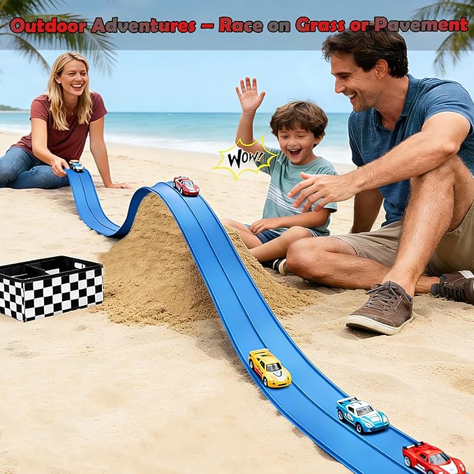 Flexible Race Track 15 Ft Starter Set Flex Tracks for Kids 3+ with Strong Suction Cups Flexible Car Race Ramp Track Compatible with Hot Wheels and Diecast 1/64 Cars Portable Rolls Up Race Tracks