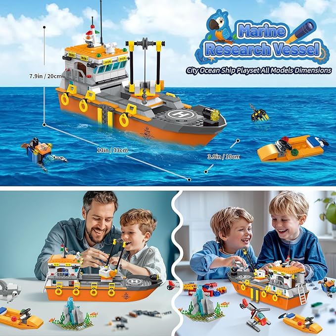 City Ocean Explorer Ship Building Set Fun Toy Exploration Boat Building Block Kit with LED Lights Helicopter Submarine Birthday for Boys Girls Kids 6 8 10+