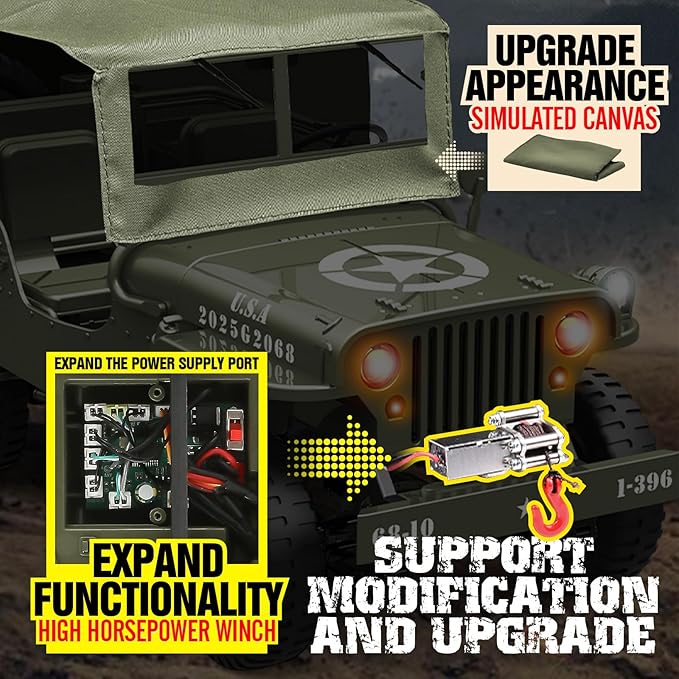 1/10 Scale RC Military SUV Remote Control 4WD Off-Road Vehicle with Alloy Frame Chassis with Winch and Capstan Army Vehicle with Opening Hood and Folding Windshield 2 Batteries