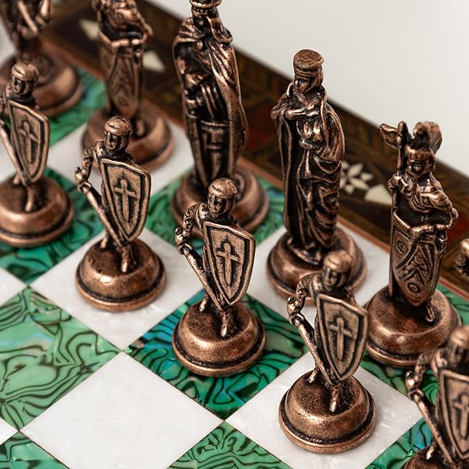 15'' Wooden Chess Set with Metal Chess Pieces – Handmade Storage Chess Board &amp British Metal Pieces – Elegant Chess Gift for All Ages – Gift for Him (Green)