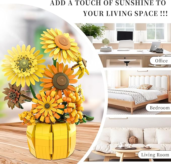 Van Gogh Sunflower Building Blocks Set for Adults Sunflowers Botanicals Compatible with Lego Flowers Art Bonsai Botanical Collection Office Gifts for Her Him Girls 14+ 1009PCS 11002