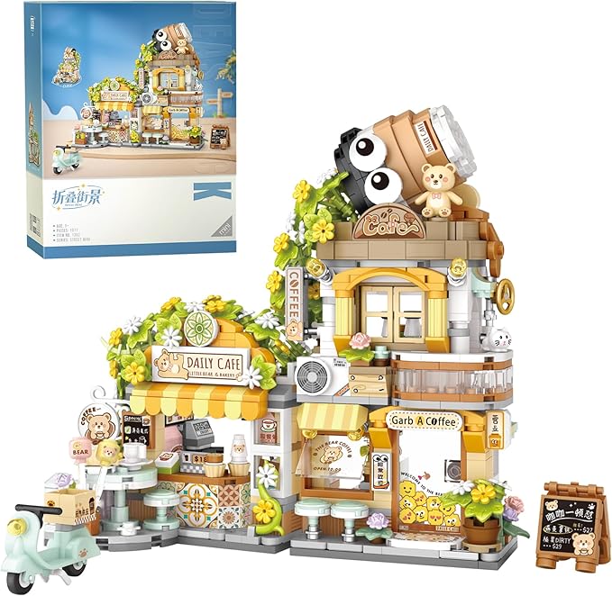 Creative Brick Box Street View-Coffee Shop Mini Building Toy Animals Interactive for Kids Simulation Architecture Toy for Girls and Boys Ages 6+ - Gift Easter Birthday Christmas (1077 PCS)
