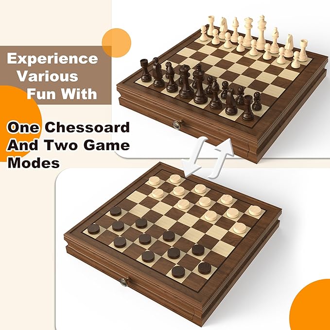 Premium Natural Walnut 13 x 13 Magnetic Wooden Chess Set with 1 Built-in Storage Drawers - 2 Bonus Extra Queens - 24 Checkers Pieces - Staunton Chess Pieces Board Games Chess Sets
