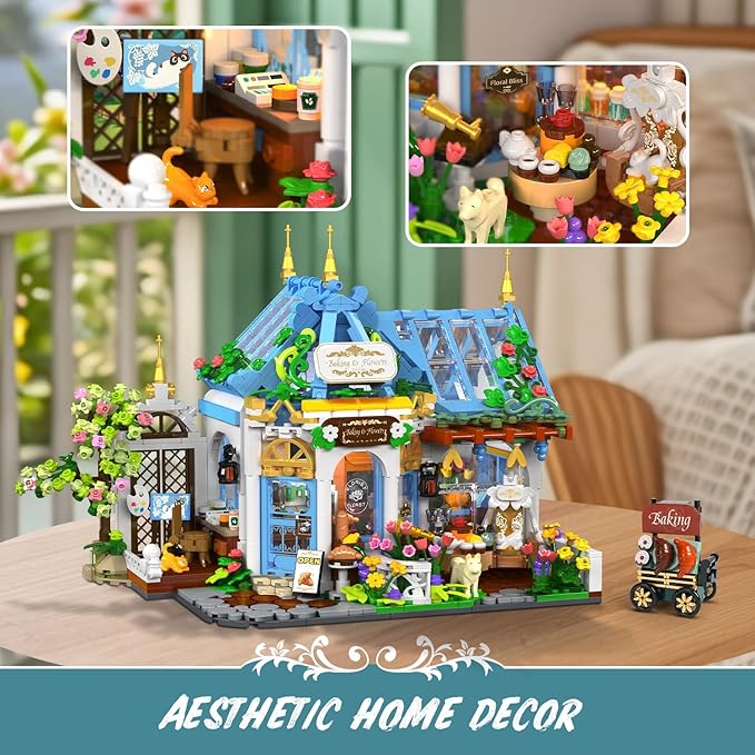 Flower Café House Building Set with LED 1520 PCS Botanical Coffee Architecture with Openable Design Floral Bakery Construction Model for Home Decor Gift for Adults Women Teens Girl Boy 12+