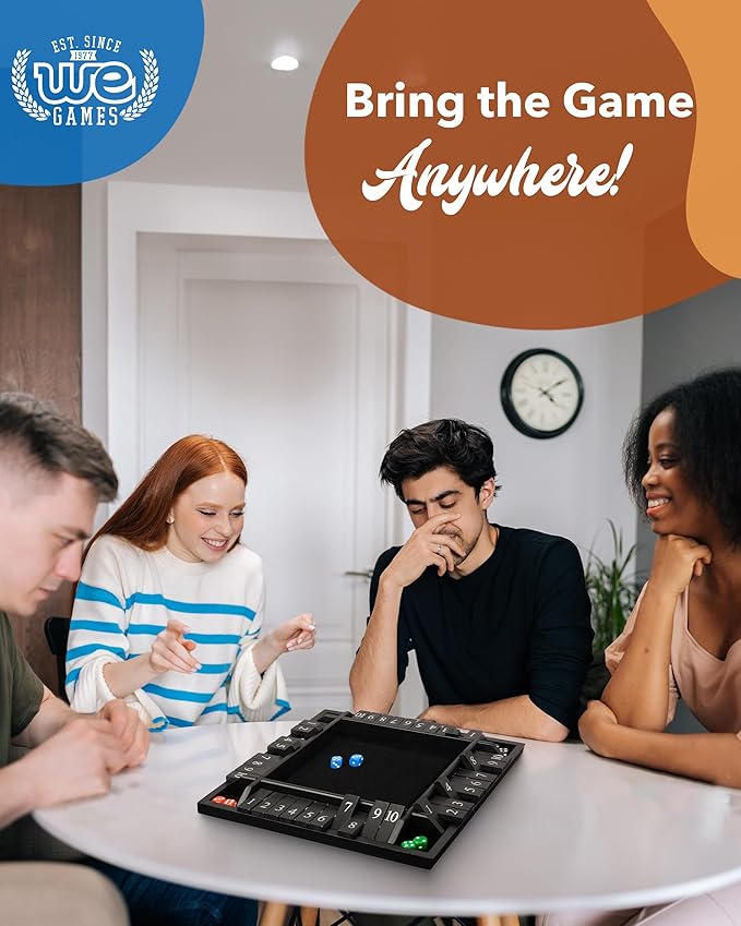 WE Games Wooden Shut The Box Game 4 Player - 10 Number Tiles &amp 8 Dice - Large 14-Inch Black Stained Wood Finish
