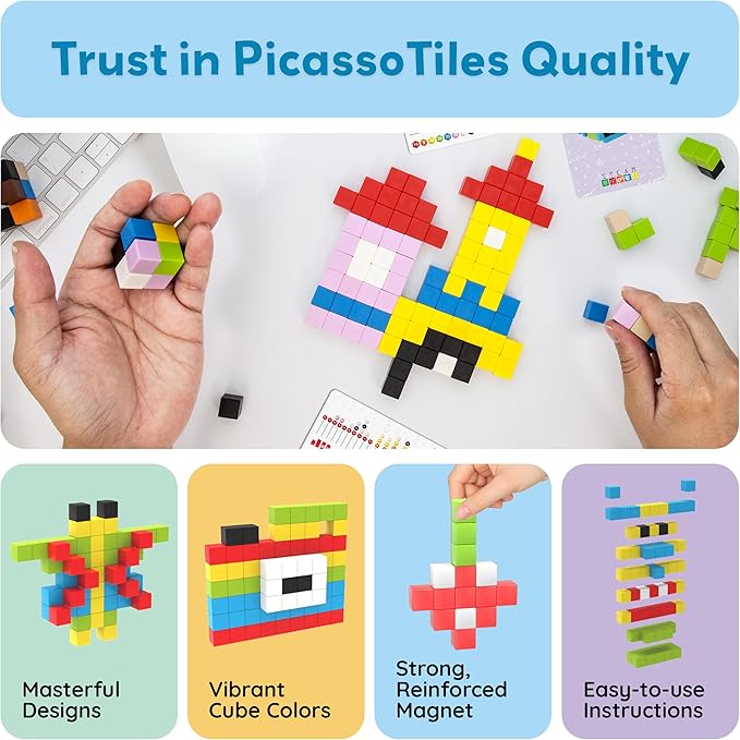 PicassoTiles 100pcs 0.5” Pixel Magnetic Puzzle Cube Mix &amp Match Cubes Sensory Toys STEAM Education Learning Building Block Magnets Children Construction Toy Set Stacking Magnet Creative Kit PMC100