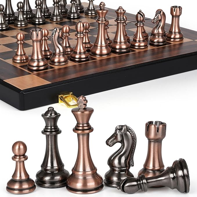 15-Inch Large Metal Chess Set for Adults and Kids with Metal Chess Pieces – Foldable Wooden Board with Storage Portable Classic Game Set for Travel &amp Home Elegant Gift for Chess Enthusiasts