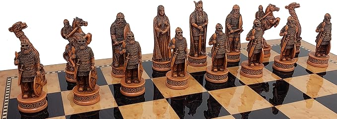 Antique Ivory &amp Brown Norse Viking Chess Set with 18 inch Walnut Color Board
