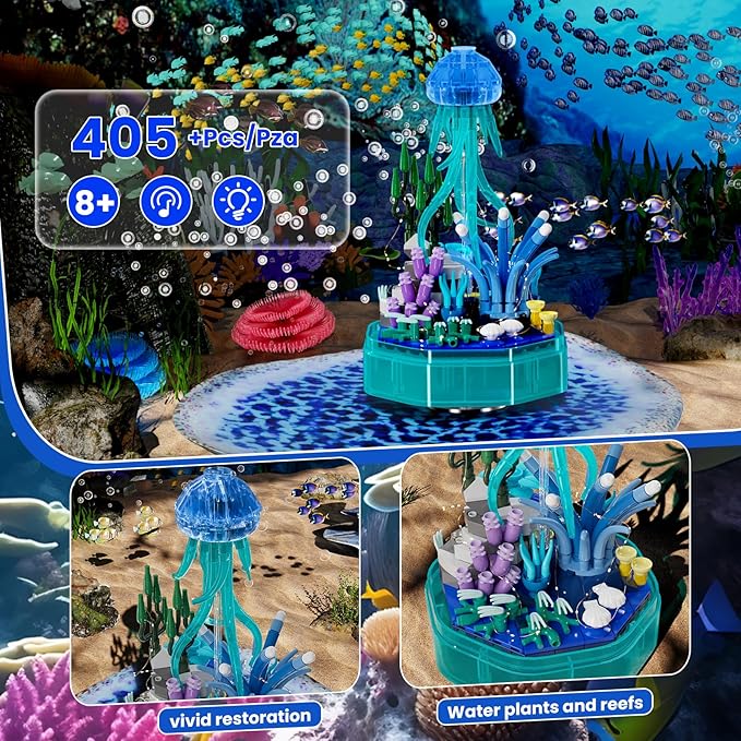 Sea Creature Collections Jellyfish Building Sets with Seaweed and Coral 10101 Sea Animal Building Kits for Adults and Kid Boys Girls 8 9 10 405 PCS Natural Style Ocean STEM Toy Music Box with Lights
