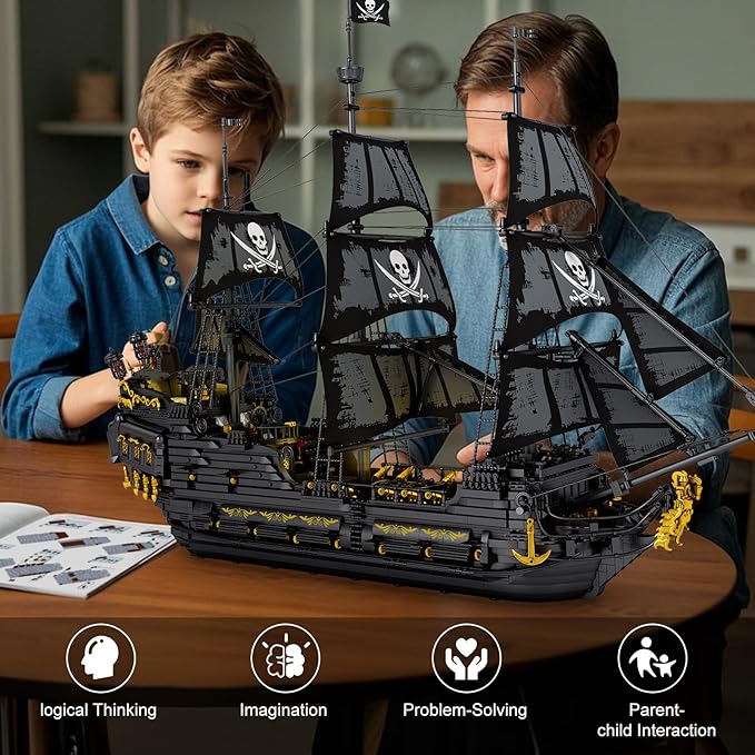 Reobrix Pirate Ship Building Set with LED LightsLarge Black Pearl Ship Model 66036Pirate Ship Sailboat ToyHalloween Home Decor Birthday GiftsModel Kits for Adult Boys Girls 14+（4304 PCS）