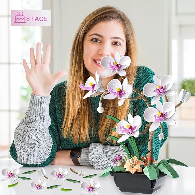 Orchid Flower Building Block Set Orchid Botanical Collection for Home &amp Office Decor Artificial Flowers Plant Gifts for Adults Valentine's Day Mothers Day Birthday 581pcs
