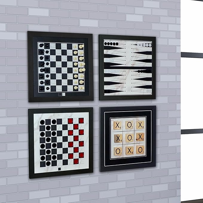 Magnetic Canvas Game Set. Chess/Checkers/Backgammon/TIC TAC Toe. Decrotive Game Sets use an mounting System That Gives Easy Access to Them. (Black and White)