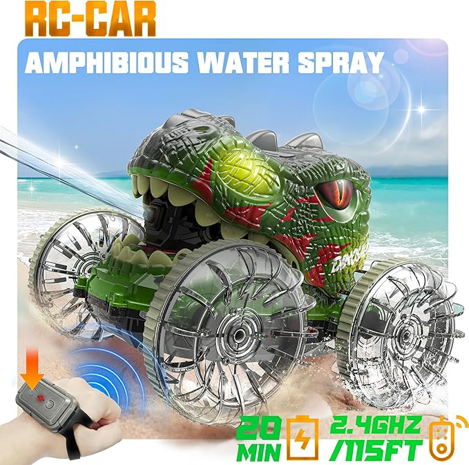 BEZGAR Monster Truck Toys - Dinosaur Toys with LightHand Gesture Sensing RC Cars for Water &amp Land with Water Gun Monster Truck with 360° Spins and Drifting Remote Control Car for Boys 4-7