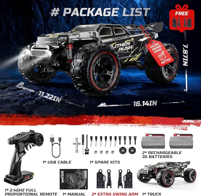 DEERC 209E 1:10 Fast Brushless RC Car for Adults &amp Boys 60+ KMH High Speed 4WD Off-Road Remote Control Truck with 2 x 3S Batteries &amp Extra Swing Arms Hobby Grade Racing Car RC Crawler Gift