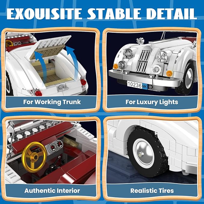 Mould King 10236 Vintage Roadster Building Set Collectible Adult Convertible Sports Car Model 1302 Pieces Desk Decor Display Vehicle Kit for Men and Hobbyists Ages 14+ ﻿