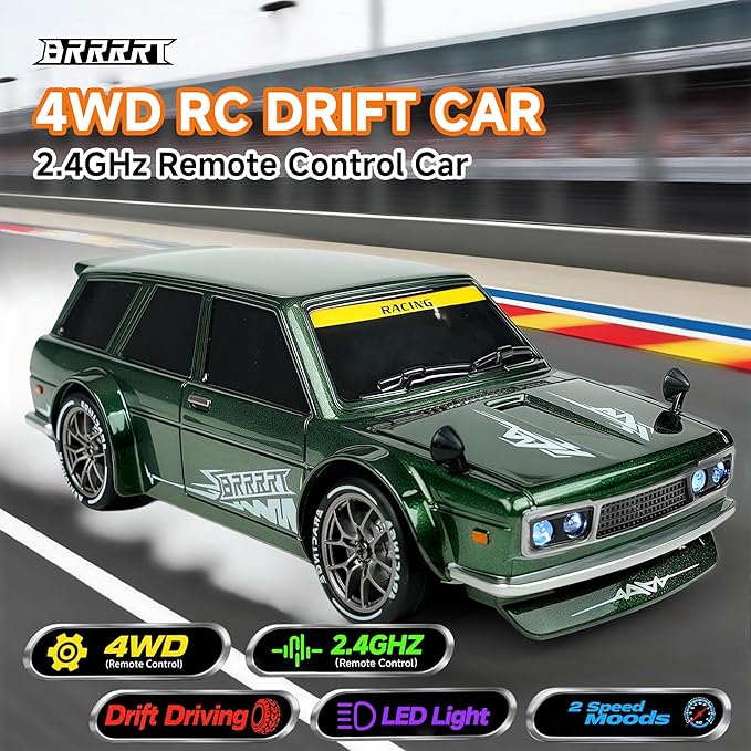 BRRRRT 1:24 RC Drift Car20KM/H 4WD High Speed Remote Control Cars with LED LightsAdjustable High Speed/Low Speed Ddrift CarExtra Drifting TiresSpeed Racing Sport Toy Car for Boys and Girls Age 6+
