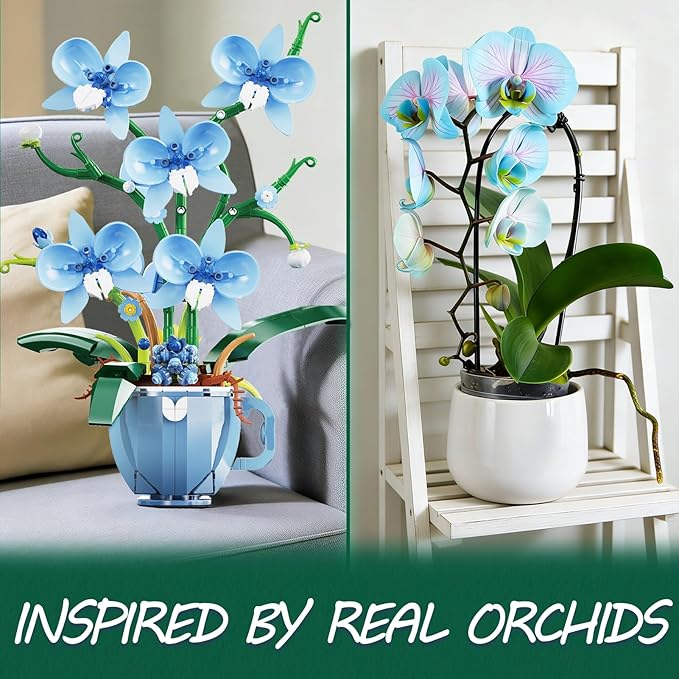 Blue Orchid Flower Building Set with Vase for Adults Compatible with Lego Botanical Flowers 567pcs Ideas Plant Collection Toys for Home and Office Decor Gifts for Christmas Mother's Day