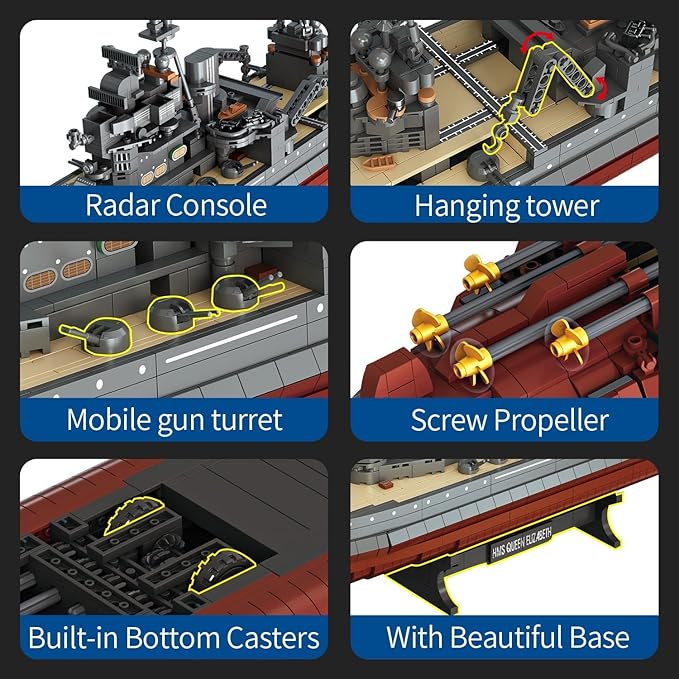 Military Series World War II Battleship Building Kit 2277 Pcs Queen Elizabeth Class Battleship Compatible with Lego Military Army Set Adults WW2 Gift Boat Building Block Teens 14+ Model Home Decor