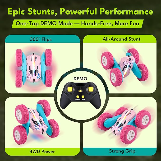 Threeking New Remote Control Car RC Flip Stunt Double Sided Driving Cars Toys for Girls Ages 6-12 USB-C Modular Batteries 4WD 360° Flips with Breathing Soft Lights Presents Gifts for Kids Pink