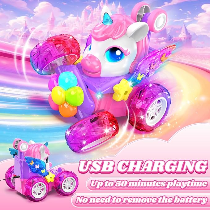 Unicorn RC Cars for Girl Toys with Glowling Crystal Wings &ampEyes Lights360°Rotation Remote Control Car Unicorn Stunt Car Birthday Gifts Easter Basket Stuffers for 3 4 5 6 7 8 9 10 Year Old Girls