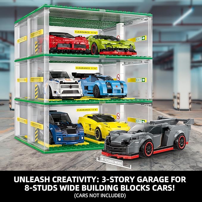 Creative Three-Story Building Block Garage with Display Features Compatible with Small Lego Cars (130 Pieces) Ideal for 8-Studs Wide Building Blocks Cars (Cars Not Included)