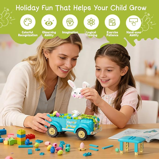 Easter Bunny Egg Harvest Truck Building Toy Set - Cute Rabbit Driver Movable Ears &amp Rolling Wheels Creative Removable Egg Easter Decoration Gifts for Kids Adults Boys Girls 8+